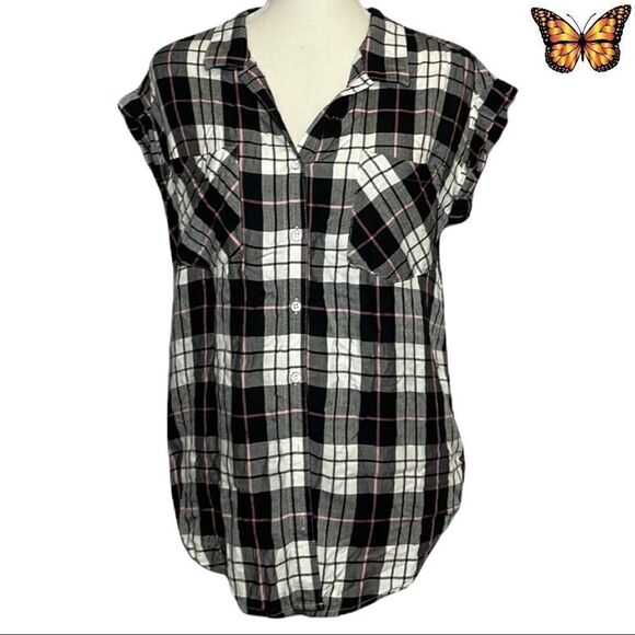 JACHS Girlfriend Capped Sleeve Plaid Shirt Size Small - Picture 1 of 10